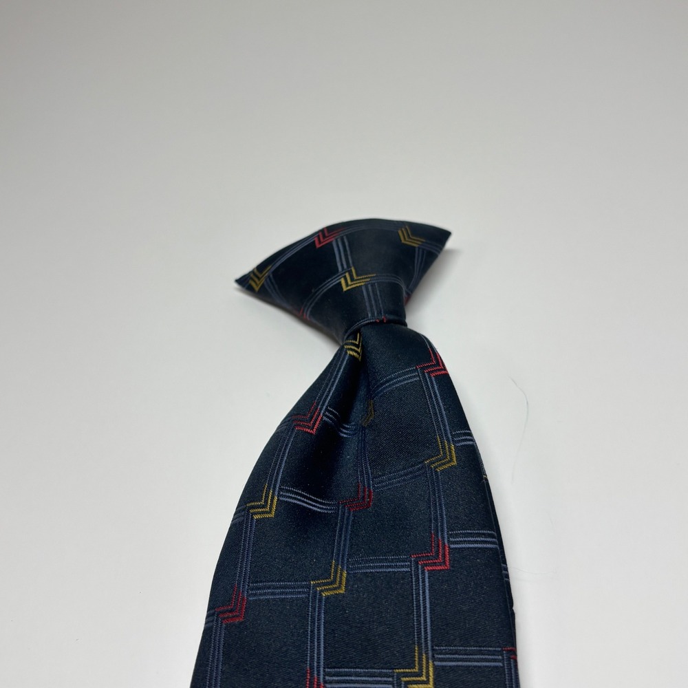 Towncraft Clip-On Necktie Mens OS Navy Blue Geometric Grid Red Yellow Retro